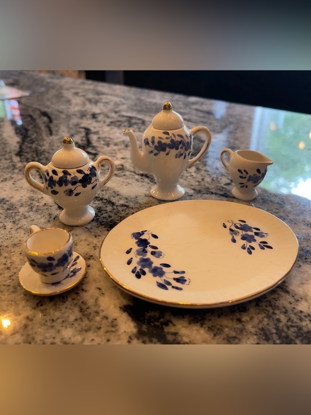 Vintage Blue And White Minature Tea
Set With Gold Rims